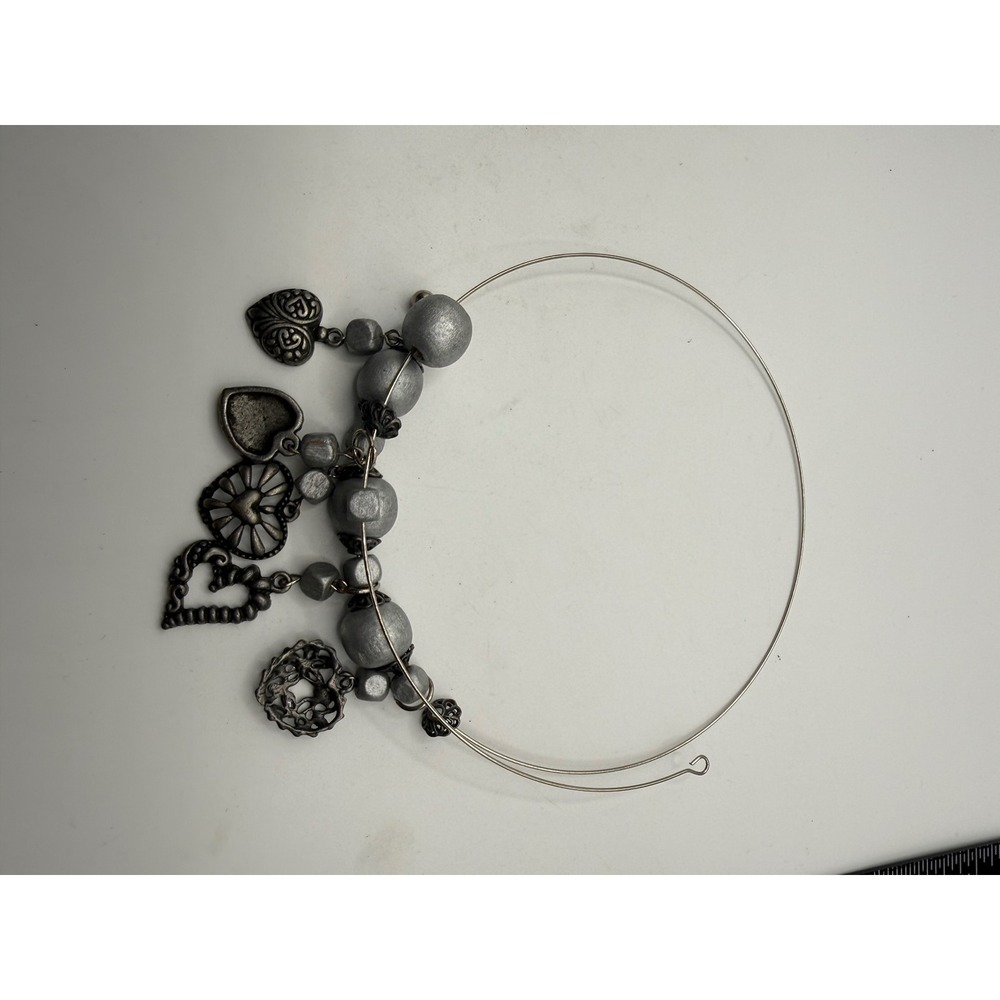 Silver Tone Heart Charm Memory Wire Wrap Bracelet Vintage Style Boho Beaded